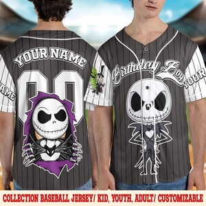 May include: Gray baseball jersey with white pinstripes, featuring a Jack Skellington design. The jersey has the text "YOUR NAME" and "Birthday Boy" on the front. The jersey is part of a collection and is customizable.