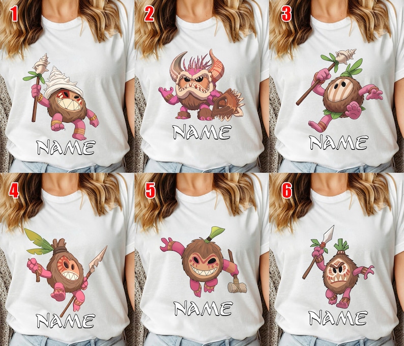 Puede incluir: Camisetas blancas con dise&ntilde;os de personajes de dibujos animados coloridos. Cada camiseta presenta un personaje diferente con un cuerpo similar al coco, sosteniendo varios objetos. La palabra "NAME" est&aacute; impresa debajo de cada personaje. Los personajes son en tonos de marr&oacute;n, rosa y verde.