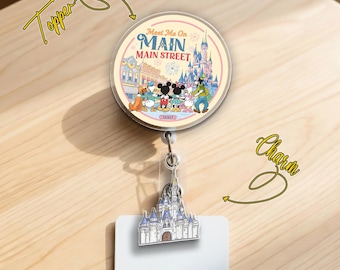 Meet Me On Main Street Badge Reel, Magic Kingdom Main Street Theme Park, Disney Family Trip Badge JDLU14