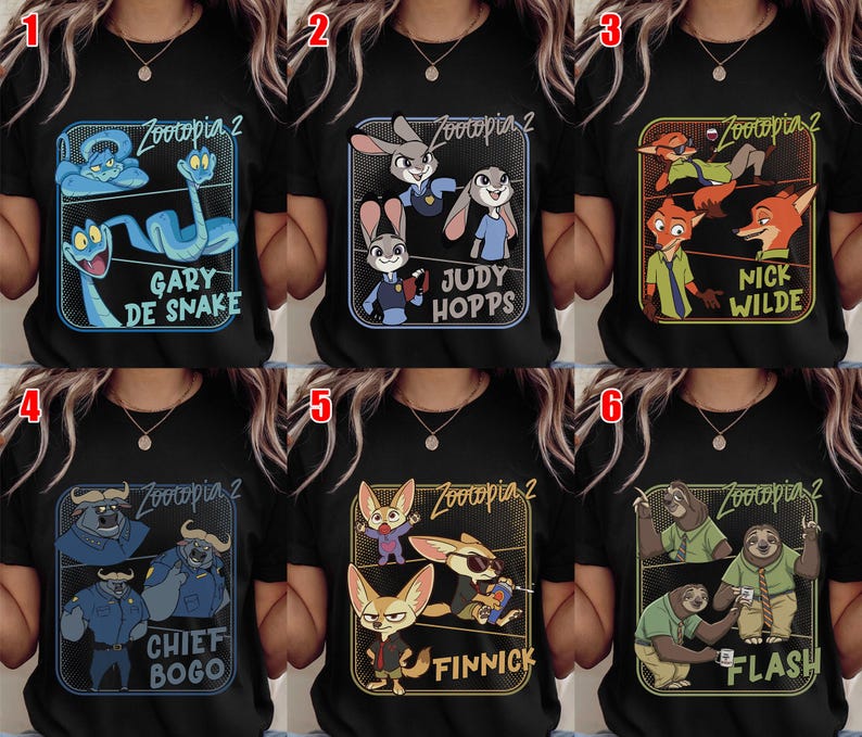 Pode incluir: T-shirts pretas com personagens do filme "Zootopia 2". Cada camisa mostra um personagem ou grupo diferente, como Gary De Snake, Judy Hopps, Nick Wilde, Chief Bogo, Finnick e Flash, em designs coloridos.