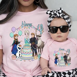 May include: Matching pink t-shirts with a cartoon image of animated characters, the text "Name" and the number "4". The design has a birthday theme, with balloons and a cake. The image is on a t-shirt and a baby bodysuit.
