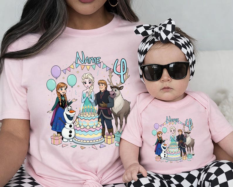 May include: Matching pink t-shirts with a cartoon image of animated characters, the text "Name" and the number "4". The design has a birthday theme, with balloons and a cake. The image is on a t-shirt and a baby bodysuit.