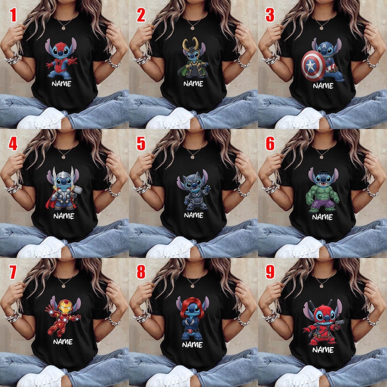 Puede incluir: Camisetas negras con dise&ntilde;os de personajes de dibujos animados. Cada camiseta presenta un personaje diferente, incluyendo Stitch, Loki, Capit&aacute;n Am&eacute;rica, Thor, Thanos, Hulk, Iron Man, Viuda Negra y Deadpool. La palabra "NAME" est&aacute; impresa debajo de cada personaje.