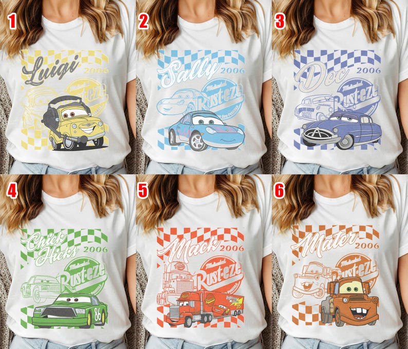 May include: White t-shirts featuring various cartoon car designs with names like "Luigi," "Sally," "Doc," "Chick Hicks," "Mack," and "Mater." Each design includes the year "2006" and the word "Rustez" in a circular emblem, with a checkered background.