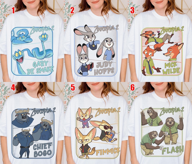 Pode incluir: T-shirts brancas com personagens do filme "Zootopia 2". Cada camisa mostra um personagem ou grupo diferente, como Gary De Snake, Judy Hopps, Nick Wilde, Chief Bogo, Finnick e Flash, em designs coloridos.