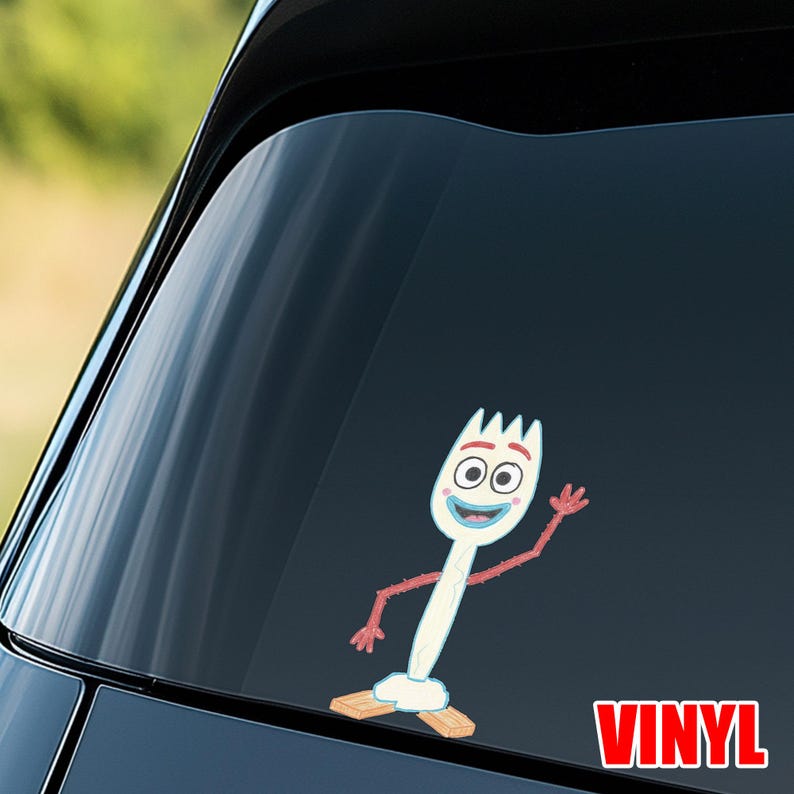 May include: A white vinyl decal of the animated character Forky from Toy Story. The decal features Forky with a smiling face, red arms and feet, and the word "VINYL" in red block letters.
