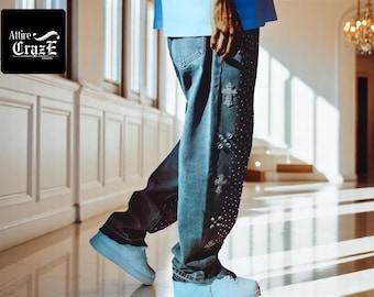 Rhinestone Cross Jeans: Y2K Baggy Wide Leg Denim