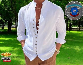 Men&#39;s Retro Casual Shirt | Cotton Linen Long Sleeve | Solid Color Button-Up | Street Wear Blouse | Stylish Wedding Tunic