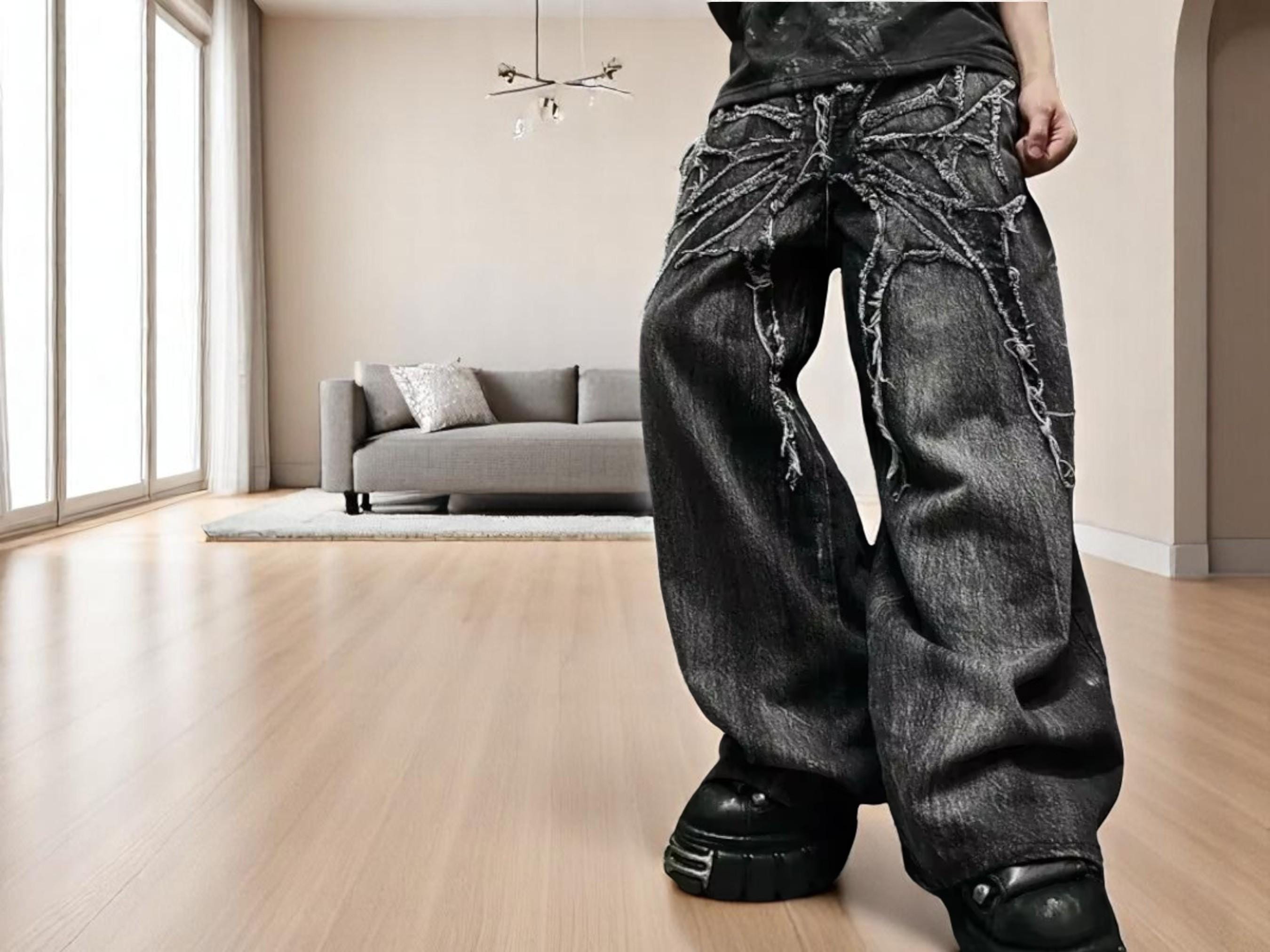 Spider Embroidered Baggy Jeans: Y2K Gothic Wide-leg Denim - Etsy