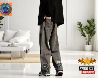 Y2K Wide Leg Jeans: Cartoon Flower Denim, Unisex Streetwear