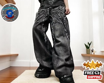 Spindelbroderade baggyjeans: Y2K Gothic Wide Leg Denim