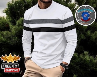 Striped Long Sleeve T-Shirt for Men | Casual Loose Fit Cotton Tee | Trendy Round Neck Streetwear | Versatile Spring & Autumn Top