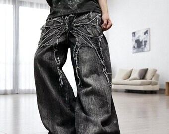 パンツ Midas long skinny black denim Y2K Spider Embroidered Baggy Jeans: Y2K Gothic Wide-leg Denim - Etsy