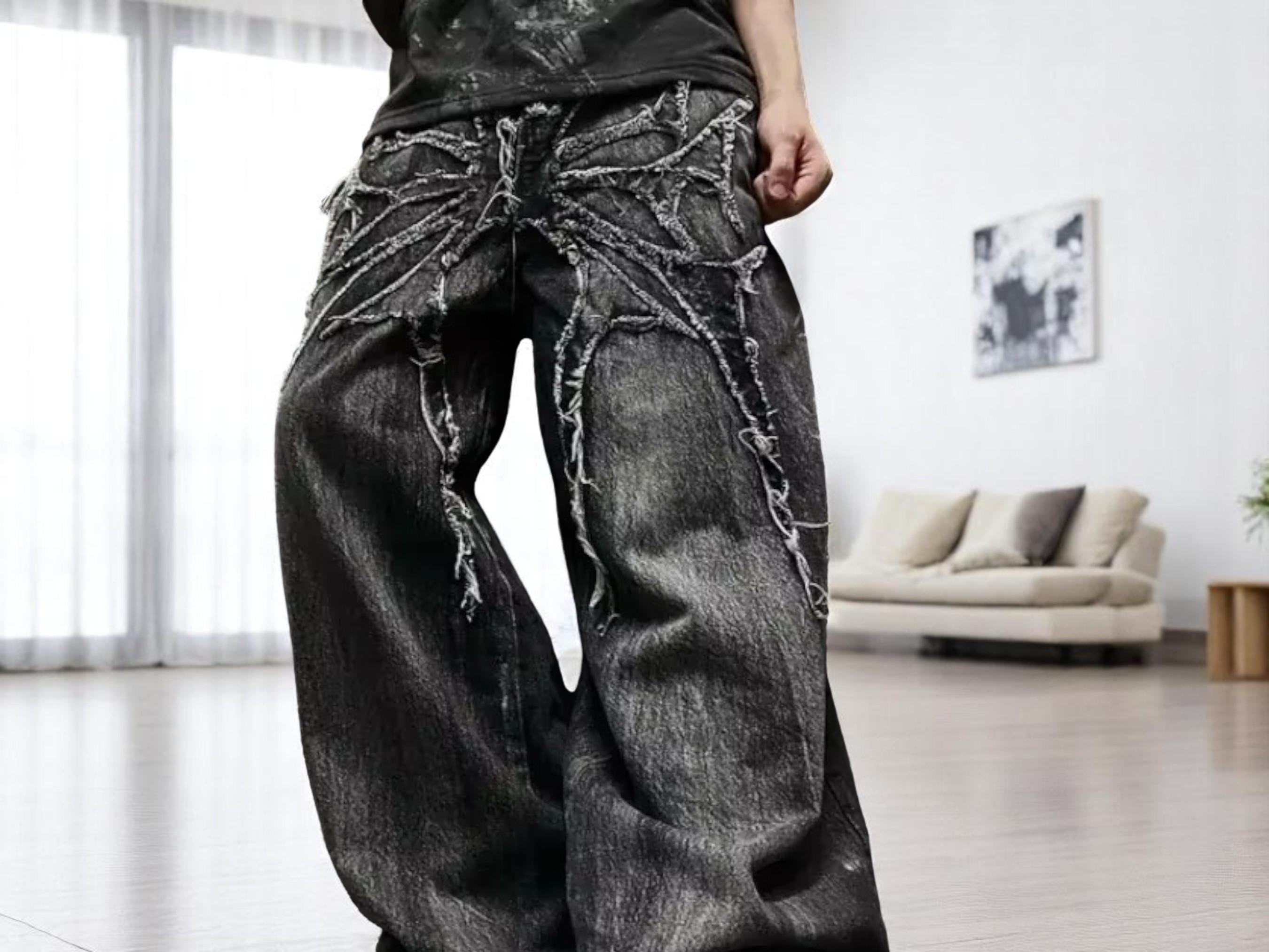 Spider Embroidered Baggy Jeans: Y2K Gothic Wide-leg Denim - Etsy