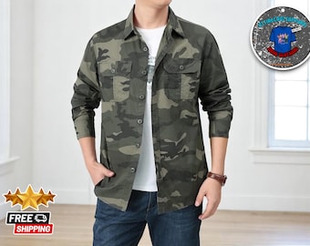 Men's Cotton Camo Utility Shirt: Retro Multi-Pocket Outerwear