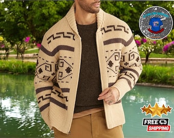 Men's Knitted Wool Blend Cardigan: Stylish Print, Slim Fit