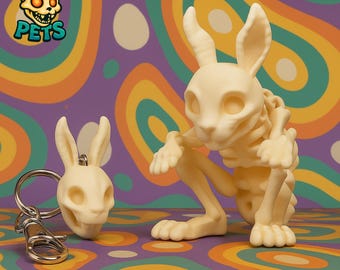 3D Printed Skeleton Bunny Bundle: Poseable Figurine & Skull Keychain