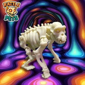 May include: A white plastic skeleton of a small ape, standing on a colorful, swirling background. The skeleton is posed in a walking position, with its head turned to the side.
