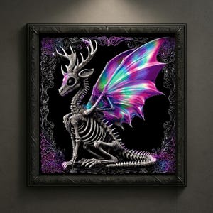 May include: A framed artwork featuring a skeletal dragon with deer antlers and iridescent wings. The dragon is primarily white, set against a black background. The wings display a vibrant array of colors, including purple, green, and blue. The frame is black with ornate detailing.