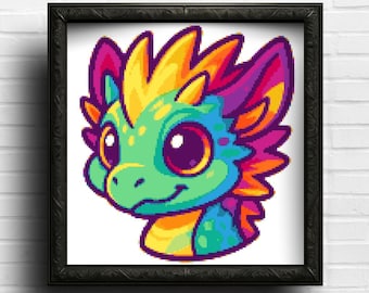 Neon Rainbow Dragon Cross Stitch Pattern: Whimsical Fantasy Creature (PDF Download