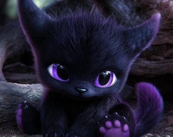 May include: A cute, cartoon-style black kitten with large purple eyes and matching purple accents on its paws and tail. The kitten is sitting on the ground, with a blurred background of a tree trunk and foliage.