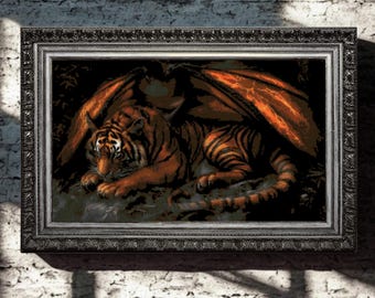 Tiger Dragon Cross Stitch Pattern: Ashclaw Fantasy Beast (PDF Download