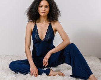 Lingerie Pajama Set including Bamboo Wide Leg Foldover Pants and a lace trimmed Camisole, Cathedral bamboo sleepwear range - made to order