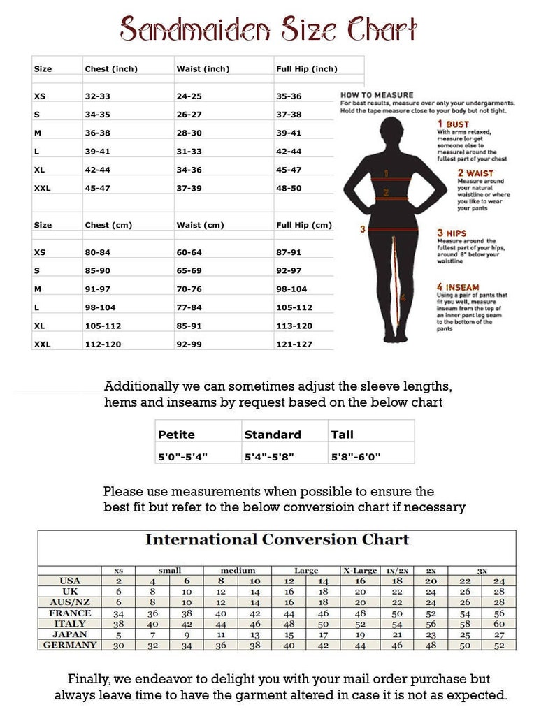 May include: A size chart for women's clothing with measurements in inches and centimeters. The chart includes bust, waist, and hip measurements for sizes XS to XXL. It also includes a diagram showing how to measure each body part.