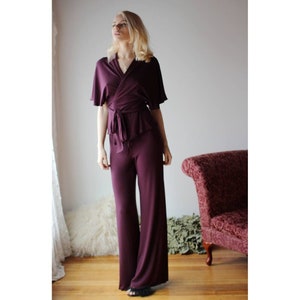 womens pajama set, bamboo lounge pants and wrap bed jacket, palazzo pants, robe, loungwear set, made to order image 5