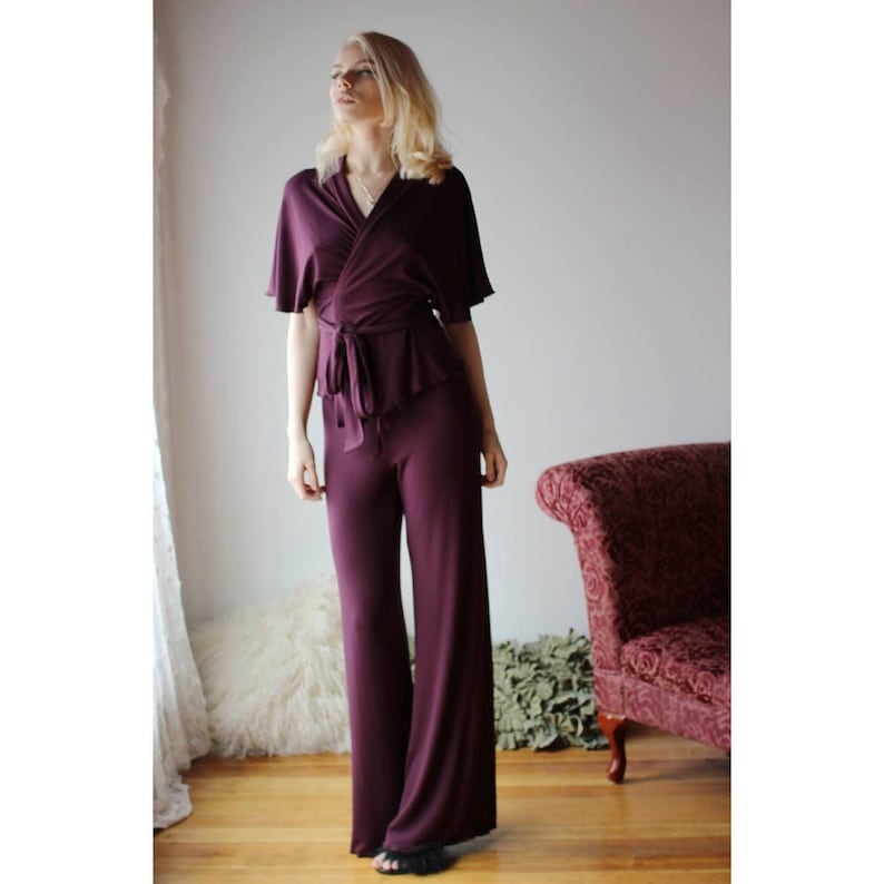 womens pajama set, bamboo lounge pants and wrap bed jacket, palazzo pants, robe, loungwear set, made to order image 5