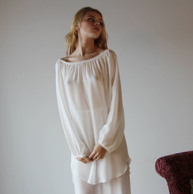 Womens Sheer Silk Sleep Shirt Chemise With Long Sleeves Etsy