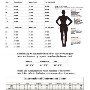 May include: A size chart for women's clothing with measurements in inches and centimeters. The chart includes bust, waist, hip, and chest measurements for sizes XS to XXL. The chart also includes a guide on how to measure yourself for the best fit.