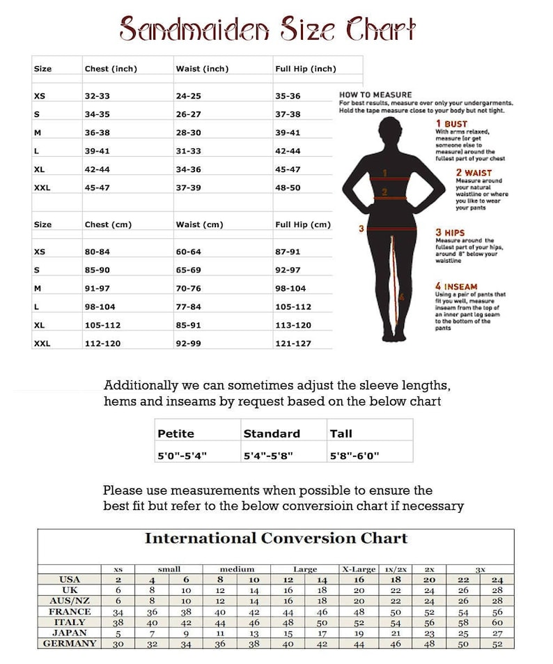 May include: A size chart for women's clothing with measurements in inches and centimeters. The chart includes bust, waist, hip, and chest measurements for sizes XS to XXL. The chart also includes a guide on how to measure yourself for the best fit.
