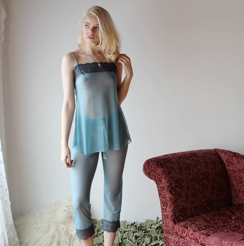 Sheer pajama set including lace trimmed capri pants and Etsy