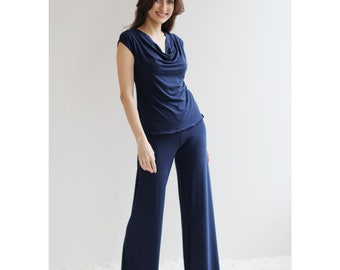 Womens Pajama Set includes draped neck t shirt and wide leg fold over lounge pants , Cathedral bamboo sleepwear range - made to order