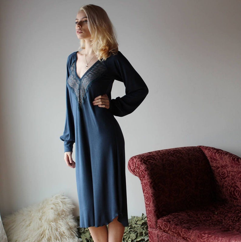 Long Bamboo Nightgown With Sleeves and Lace Trim Etsy