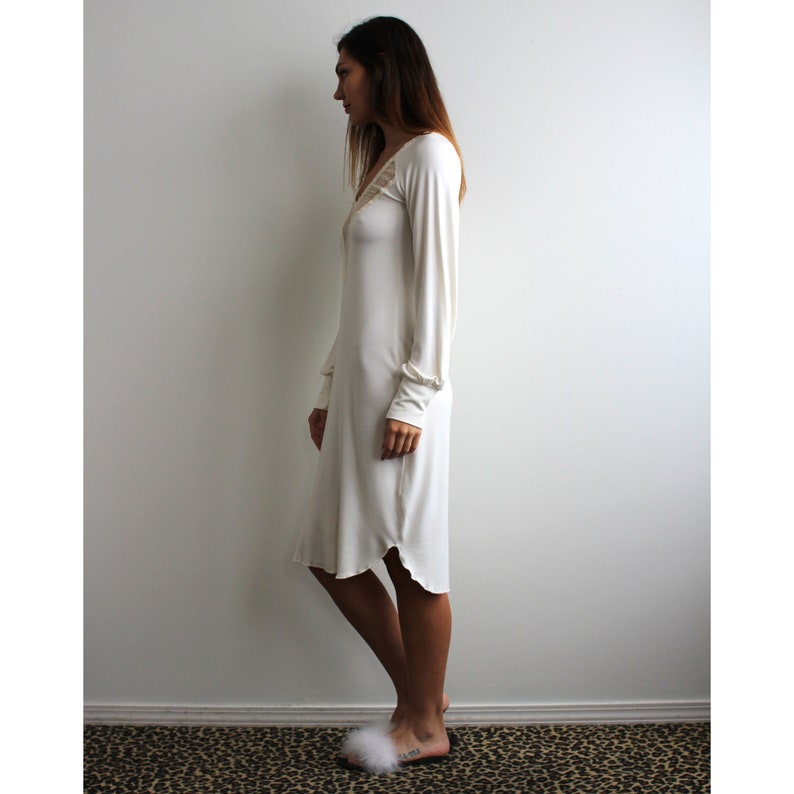 Womens Bamboo Nightgown With Long Sleeves and Lace Trim Etsy