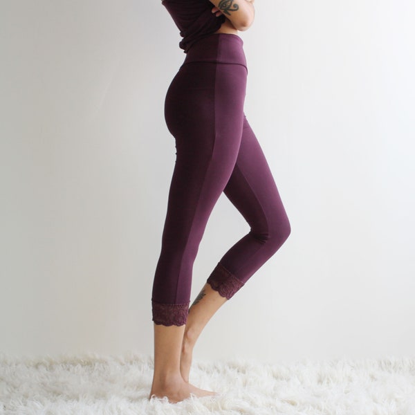 Leggings capri avec bordure en dentelle, pantalons de yoga, leggings en bambou, pyjama naturel, vêtements de détente, sur commande, fabriqué aux États-Unis