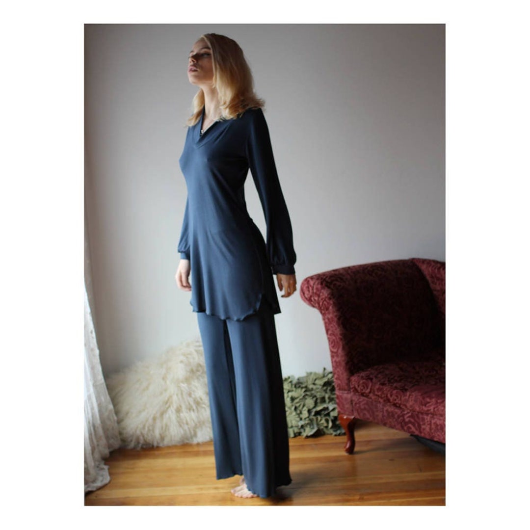 Bamboo Pajama Set, Bamboo Sleepwear, Sleepwear Tunic, Natural Sleepwear,  Palazzo Pants, Wide Leg Pants, Ready to Ship, Various Sizes, Navy -   Norway