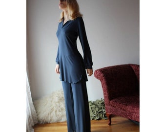 womens bamboo loungewear set including long sleeve tunic and wide leg lounge pants - Made to Order, Made in the USA