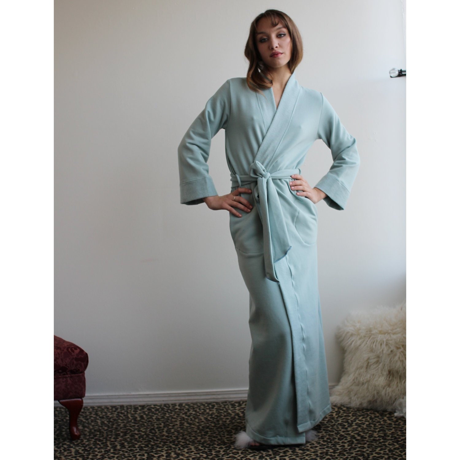 Made to Order Womens Long Robe with pockets in Tencel and Organic Cotton Stretch French Terry