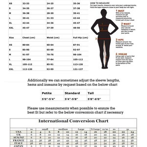 May include: Sandmaiden size chart with measurements in inches and centimeters. Includes bust, waist, and hip measurements for sizes XS to XXL. Also features an international conversion chart and instructions on how to measure.