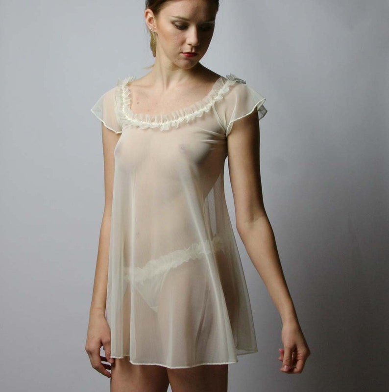 womens sheer nightgown with ruffled neckline, Ivory Chemise, Bridal Lingerie, Ready to Ship, Various Sizes image 1