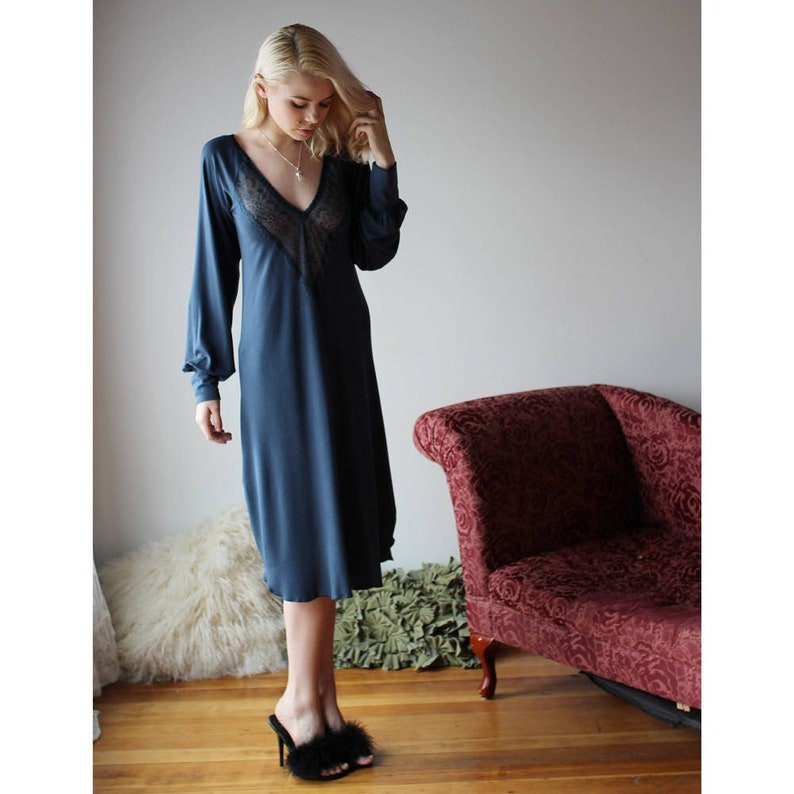 Long Bamboo Nightgown With Sleeves and Lace Trim Etsy