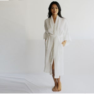 Linen Kimono Robe with Pockets, Womens Linen Pajamas, Midi Robe, Made To Order, Made in the USA image 2