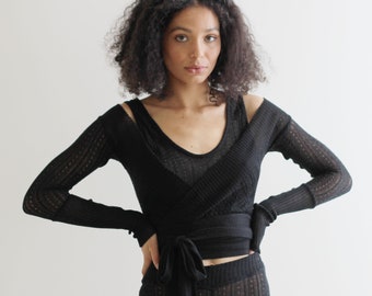 silk cashmere sweater set in sheer lacy pointelle, includes the cropped camisole and the cropped wrap cardigan, made to Order, 2 piece