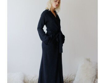 Long Wool Robe with Pockets, Merino Wool Robe in Full Length, Wool Sleepwear, 100% Wool, Ready to Ship, Various Sizes, Charcoal