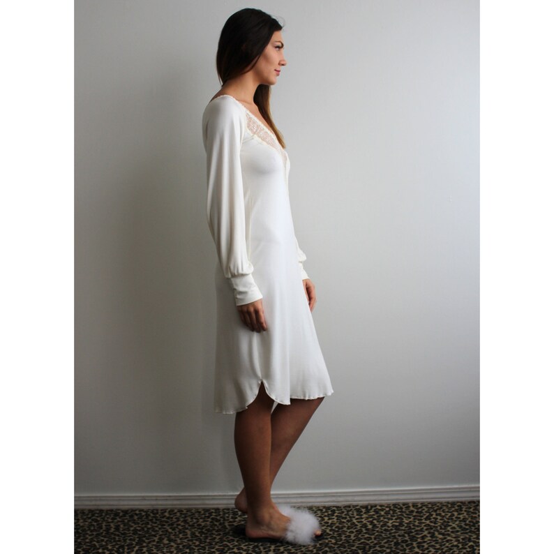 Womens Bamboo Nightgown With Long Sleeves and Lace Trim Etsy