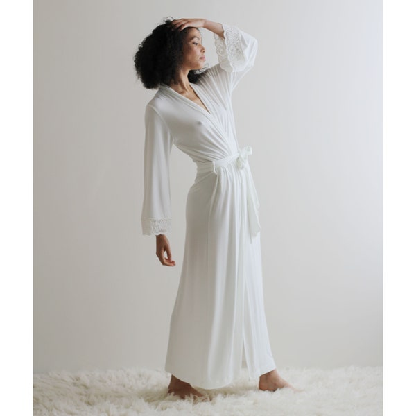 Full Length Robe with lace trimmed sleeves, Ivory Robe, Bridal Robe, Bamboo Robe - Cathedral womens bamboo sleepwear range - Ready to Ship