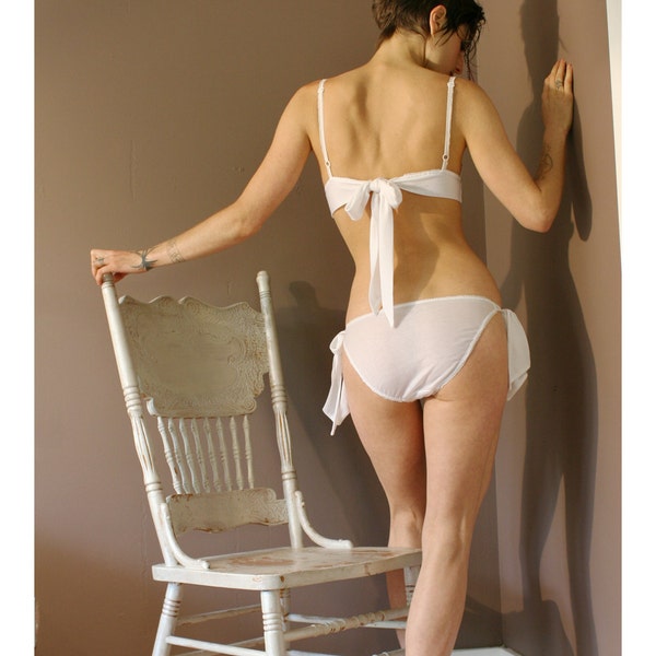 tencel lingerie set in off white with bikini and bralette - PEARL bridal range - ready to ship size small